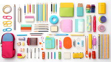 School Stationery On White Background, Flat Lay, Back To School Concept