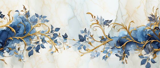 an exquisite marble background in shades of blue and gold, with vibrant bluebells and gilded leaves,