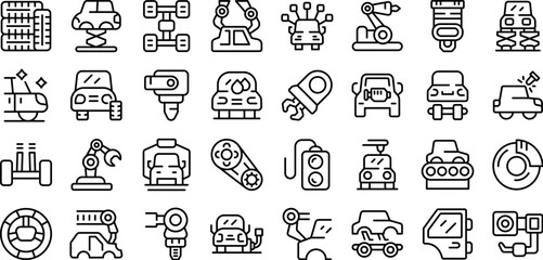 Poster - Auto assembly icons set outline vector. Robot factory. Car industry