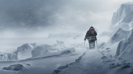solitary polar explorer, seen from back, pulling a sled against the snowy winds, harsh weather, blizzard