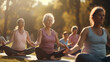 Group of elderly people doing yoga in group in the park, yoga and meditation class outdoors, 70 years old senior woman sitting in lotus pose, realistic photo created with generative AI
