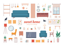 Cozy Home Interior Design Objects Set. Living Room Interior. Vector Illustration In Flat Style