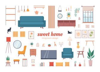 Cozy home interior design objects set. Living room interior. Vector illustration in flat style