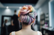 Back view of young woman with multicolored pastel colored hair in elegant updo hairstyle. 