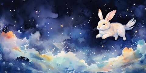 Wall Mural - Watercolor Bunny's Celestial Encounter - Catching Falling Stars - Night Sky    Generative AI Digital Illustration