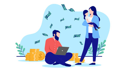 Poster - Man providing for family - Male person sitting with computer working, investing and making money to support wife and kid. Flat design vector illustration with white background