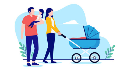 parents with children walking with kid in hand and baby stroller outdoors. flat design vector illust