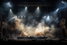 Empty Concert Stage With Illuminated Spotlights And Smoke. Stage Background With Copy Space