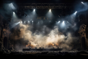 empty concert stage with illuminated spotlights and smoke. stage background with copy space