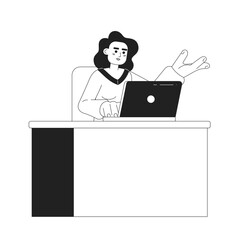 Poster - Busy hispanic woman working on laptop 2D vector monochrome isolated spot illustration. Attractive office flat hand drawn character on white background. Hardworking editable outline cartoon scene