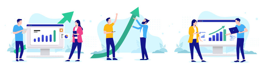 Aufkleber - Business growth vector collection - Set of illustration with businesspeople looking at rising graphs and green arrow showing profits and success. Flat design with white background