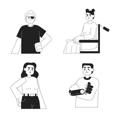 Poster - People with disabilities monochromatic flat vector characters pack. Editable thin line half body strong people on white. Simple bw cartoon spot image for web graphic design