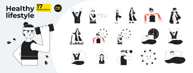 Poster - Healthy lifestyle monochrome concept vector spot illustrations bundle. Daily sport routine 2D flat bw cartoon characters for web UI design. Isolated editable hand drawn hero image collection