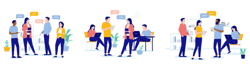 Office talk vector collection - Set of illustration of people communicating and having discussion at work. Flat design with white background