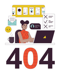 Poster - African american girl with many tasks error 404 flash message. Remote work on laptop. Empty state ui design. Page not found popup cartoon image. Vector flat illustration concept on white background