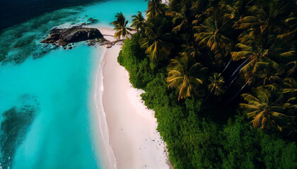 Wall Mural - An idyllic drone view of a tropical island, surrounded by crystal-clear turquoise waters, white sandy beaches stretching along the coastline,
Created using generative AI tools