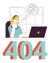 Poster - caucasian blonde woman thoughts error 404 flash message. workplace with laptop. empty state ui desig