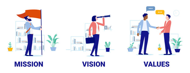 Mission vision and values vector illustration - business concept graphics of people in office representing core values in corporate company. Flat design with white background