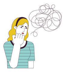 Poster - unhappy caucasian girl flat line concept vector spot illustration. chaos anxiety thoughts 2d cartoon