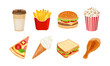 Fast food cartoon illustrations set. Hamburger, pizza, popcorn, coffee in paper cup, french fries, ice cream, sandwich and roasted hot chicken. Takeaway food vector icons.