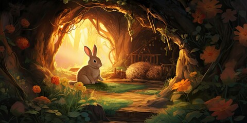 Wall Mural - Cozy Watercolor Burrow - Bunny's Artistic Retreat - Colorful Haven - Serene Ambience   Generative AI Digital Illustration