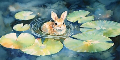 Wall Mural -  Bunny on Watercolor Lily Pad - Pond's Whimsy - Lily Pad Serenity - Tranquil Ambience   Generative AI Digital Illustration