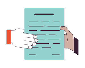 Poster - Hand gives document to hand flat line color isolated vector object. Share information. Editable clip art image on white background. Simple outline cartoon spot illustration for web design