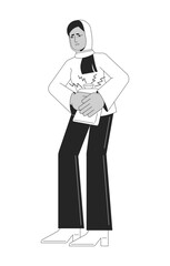 Poster - woman holds heating pad flat line black white vector character. editable outline full body woman has
