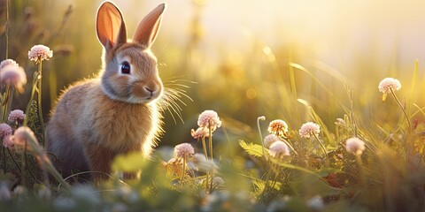 Wall Mural -  Small Young Rabbit in Watercolor Field - Nature's Wonderland - Wildflowers and Grass  Generative AI Digital Illustration