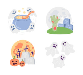 Poster - Graveyard Halloween party flat concept vector spot illustration set. Spooky ghosts, tombstones 2D cartoon scenes on white for web UI design. Scary Helloween isolated editable creative hero image pack