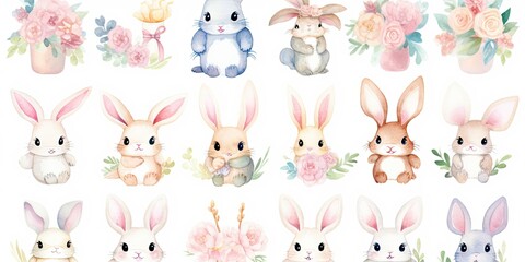 Wall Mural - Watercolor Bunny  Watercolor Clipart Bunny - Whimsical Style - Isolated on White - Soft Watercolor Tones   Generative AI Digital Illustration