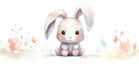 Wall Mural - Watercolor Bunny   Charming Watercolor Bunny - Adorable Cuteness - Whimsical Illustration - Soft Watercolor Tones - Playful Charm  Generative AI Digital Illustration