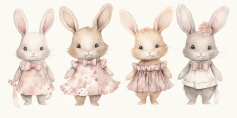 Wall Mural - Watercolor Bunny  Watercolor Painting - Stuffed Animal Baby Bunny - Adorable Dress Collection  Generative AI Digital Illustration