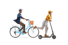 Young Female Riding An Electirc Scooter And Guy Riding A Bicycle