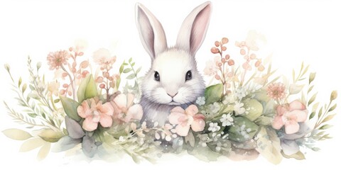 Wall Mural - Watercolor Bunny Happy Nursery-Style Bunny - Watercolor Illustration - Whimsical Charm - Beautiful Flowers   Generative AI Digital Illustration
