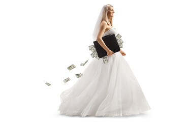 Poster - Full length profile shot of a bride walking with a briefcase full of money