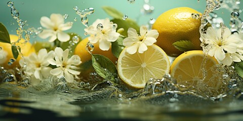 Wall Mural - AI Generated. AI Generative. Nature outdoor flowers with lemon citrus and water. Healthy decoration background. Graphic Art