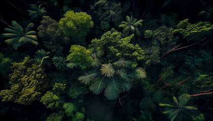 An immersive drone view of a lush jungle, dense foliage stretching as far as the eye can see,
Created using generative AI tools