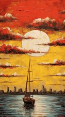 Wall Mural - Generative AI, Painted art sailboat, Harbor on the sunset. Cumulus Clouds. Hand drawn ship