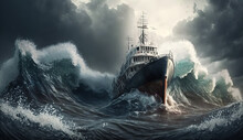 Ship In The Stormy Sea With Huge Waves. Giant Stormy Waves In The Ocean And Boat. Generated AI.