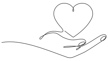 Hand holding heart continuous one line drawing. Love concept. Vector illustration isolated on white.
