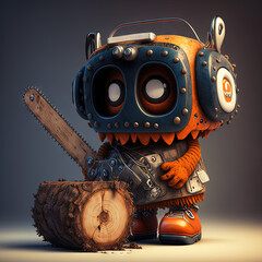 Wall Mural - Funny and spooky figure of monster with a chainsaw. Crazy lumberjack mascot. Generative AI.