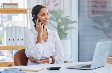 Poster - Business woman, company call and smile in a office with communication at a desk. Content manager, web worker and female person with a phone and connectivity for internet strategy conversation