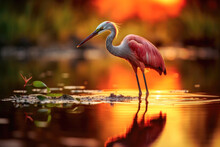 A Pink And White Roseate Spoonbill Bird Standing In A Shallow Body Of Water At Sunset