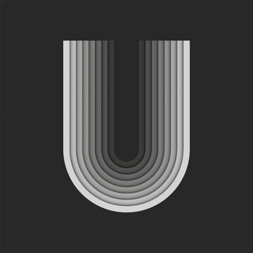 Bold letter U logo monogram initial, grey parallel stripes layers pattern, 3d paper cut style design template, identity typography logotype.