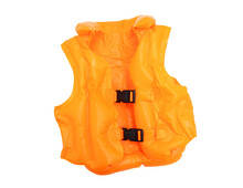 Orange Color Life Jacket For Kids Isolated On Transparent Background, PNG. Boat And Swimming Safety Equipment