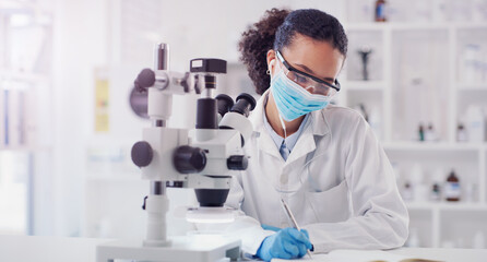 Wall Mural - science, writing and microscope with woman in laboratory for expert research, medical and planning. 