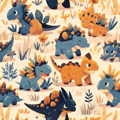 Cartoon dinosaurs childish seamless repeat pattern
