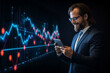 © Starmarpro - stock trader, or financial advisor standing in front of stock forex chart and using phone. High quality photo