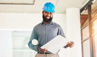 Poster - Architecture man, portrait and floor plan in office construction, planning and project management. Renovation, property blueprint and happy african person with sketch or design ideas for engineering
